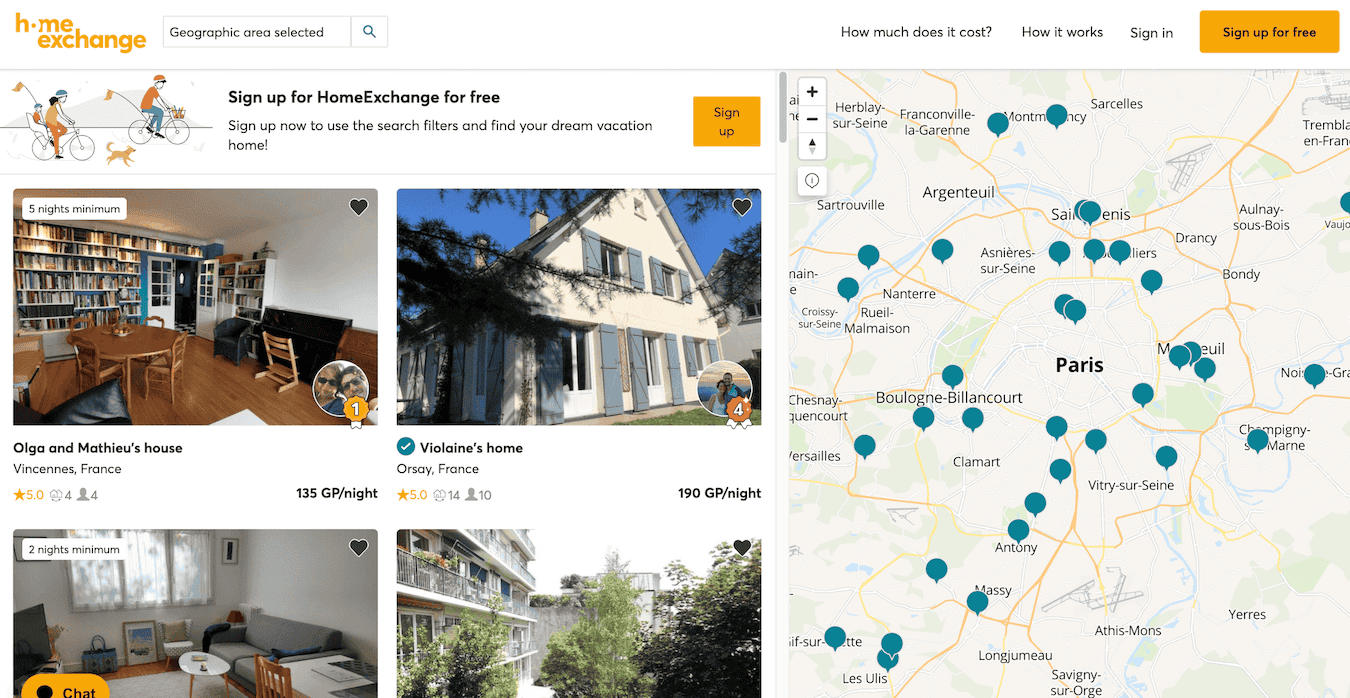 A screenshot from the HomeExchange website showing a map of where people can book house swaps