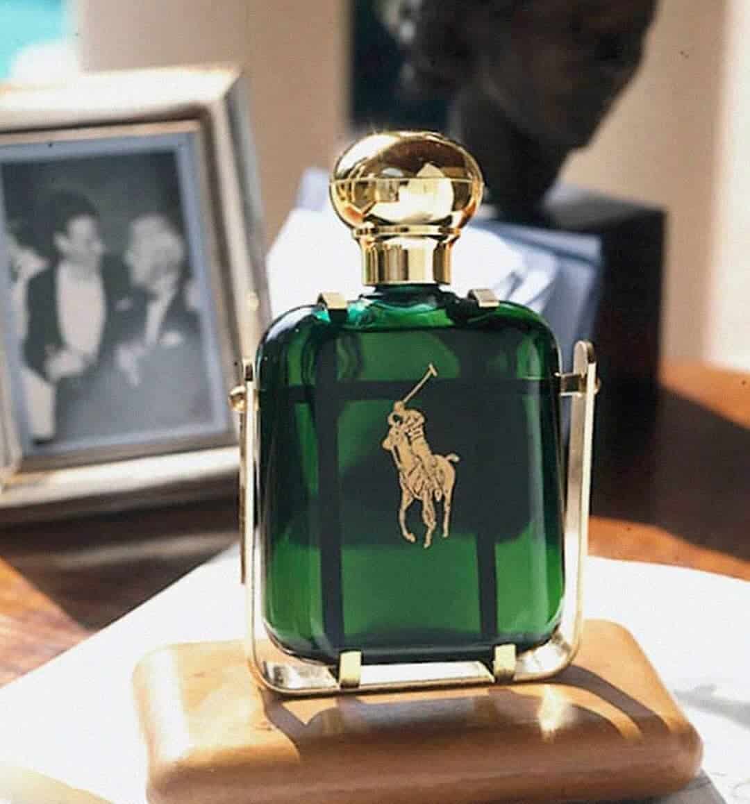 a bottle of polo green with stand