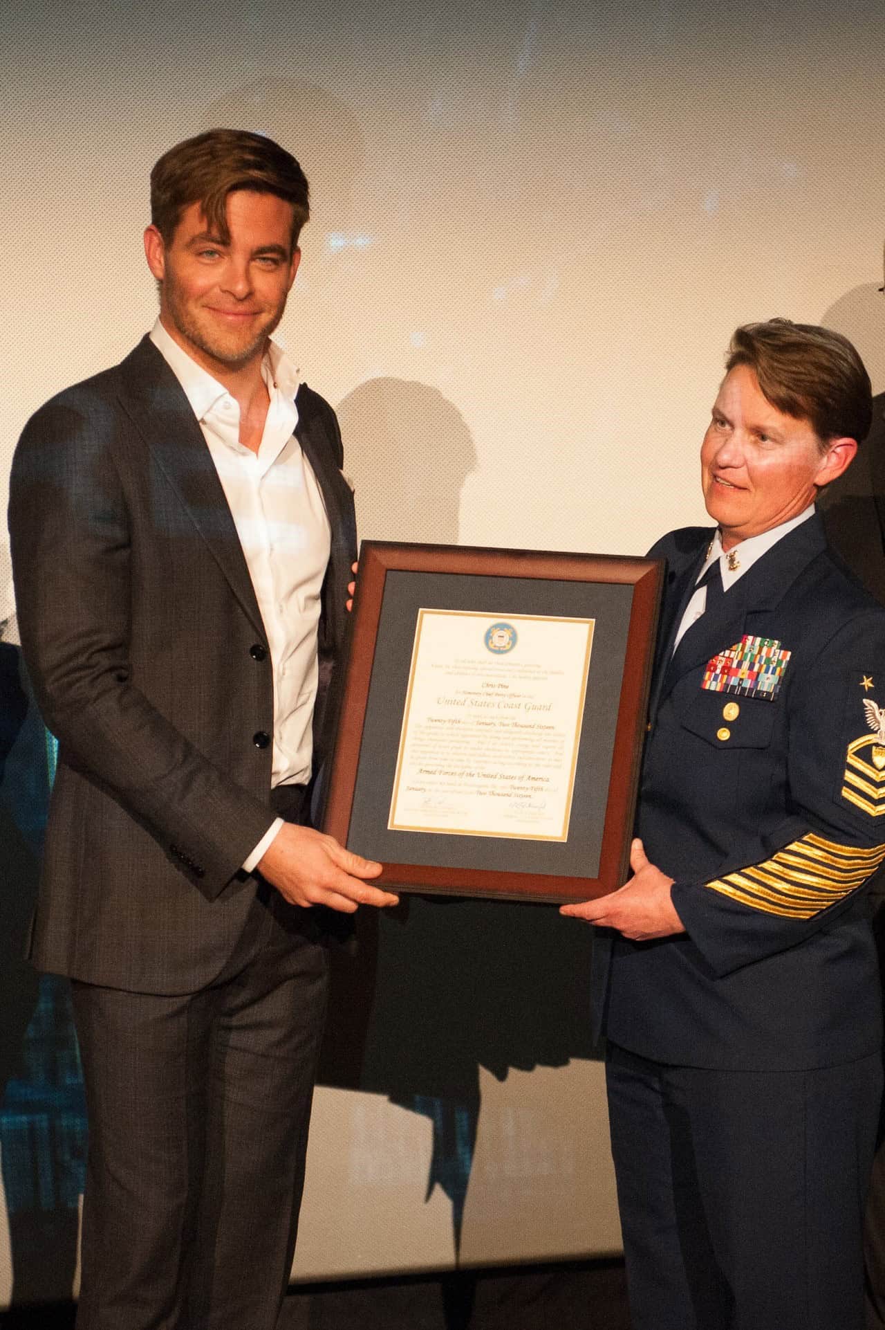 Chris Pine madean honorary Coast Guard Chief at the Boston Premiere of the movie The Finest Hours