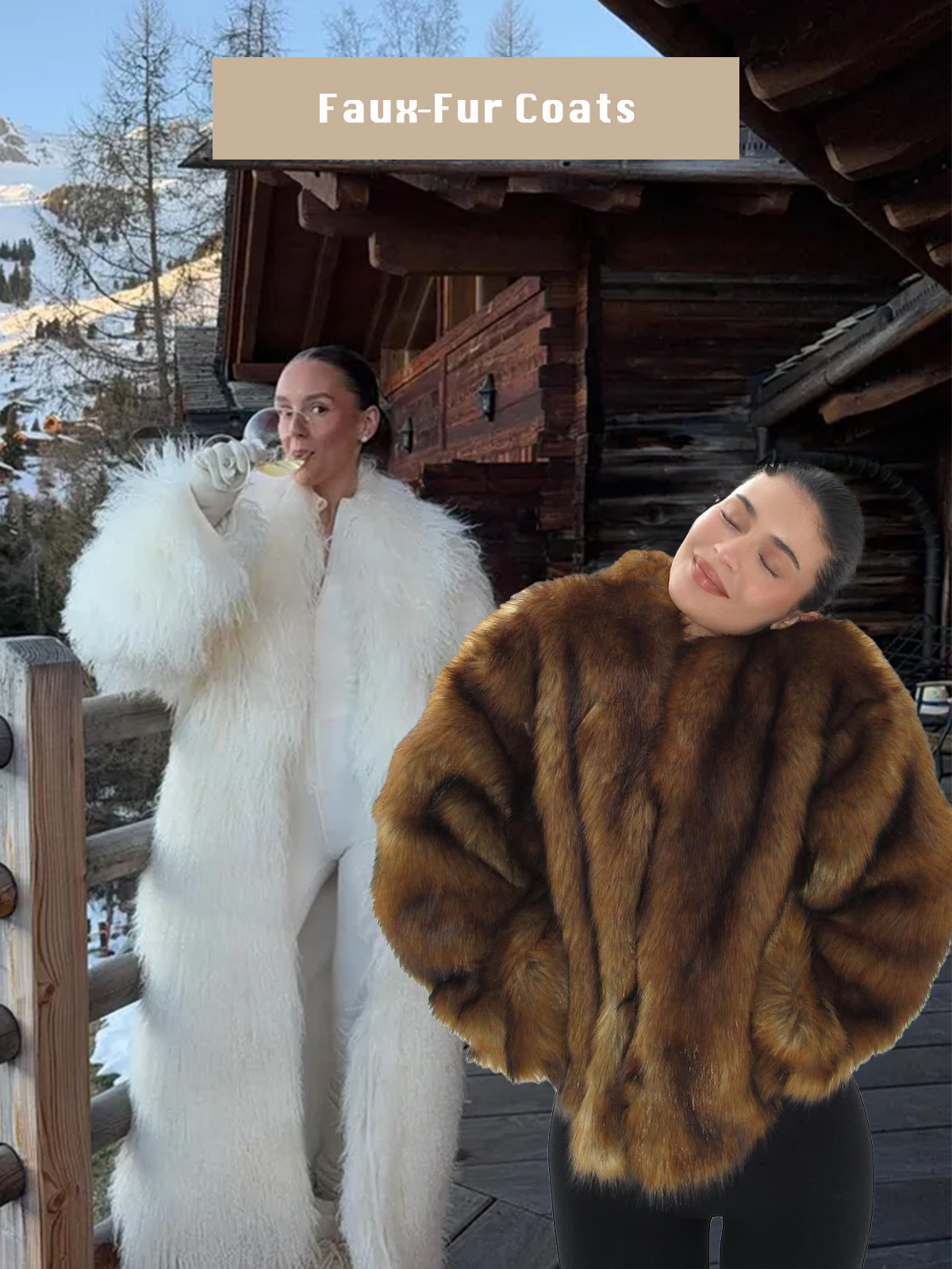 A collage of women wearing faux fur coats.