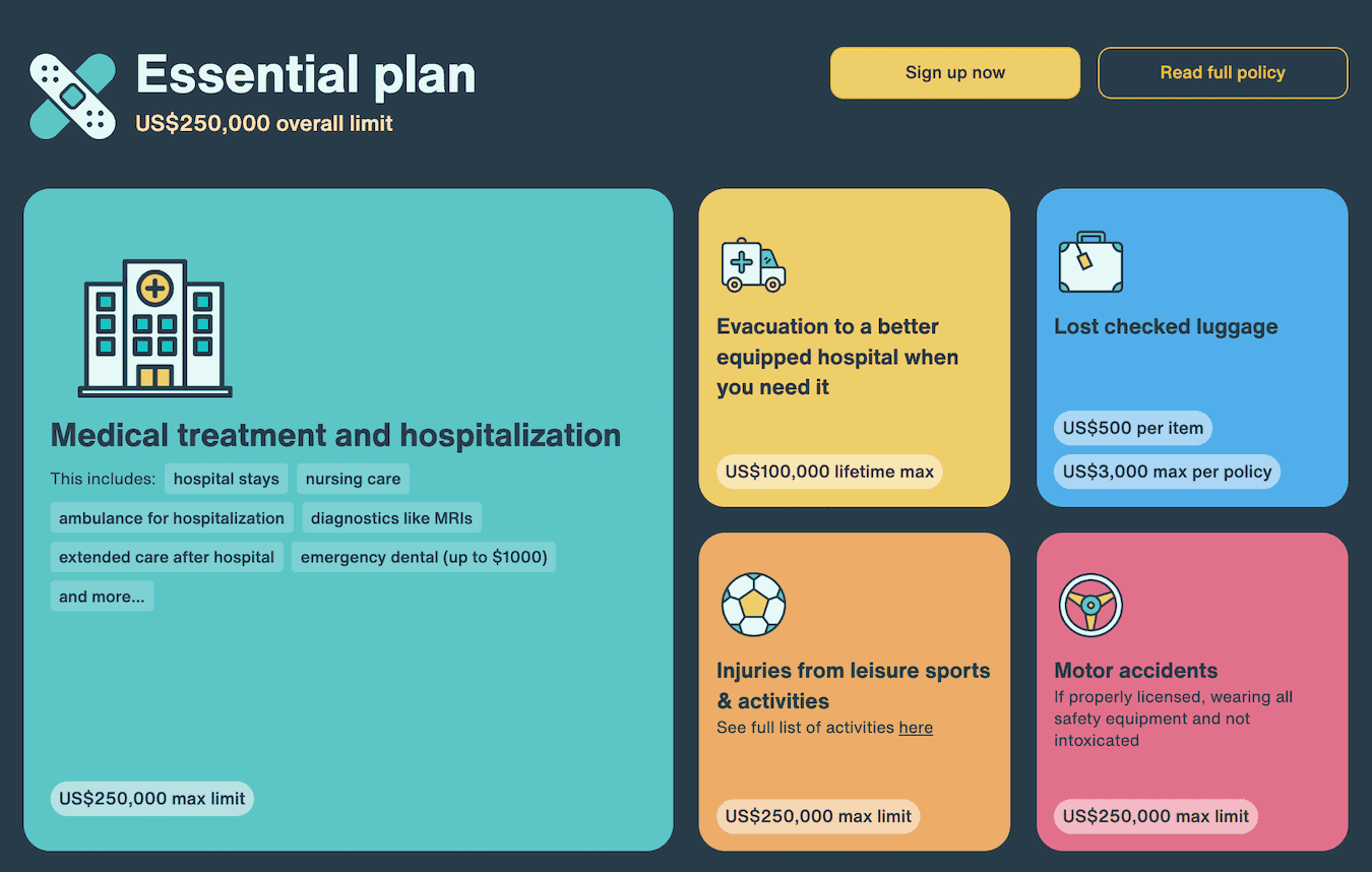 A screenshot of SafetyWing's Essential plan