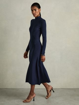 Round Neck Ribbed Midi Dress in Navy