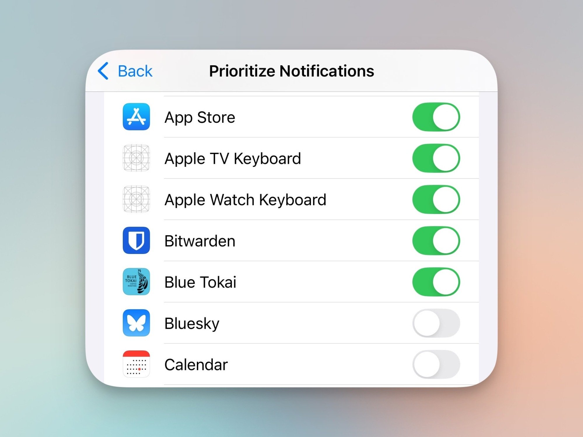 Disabling apps in Prioritize Notifications.