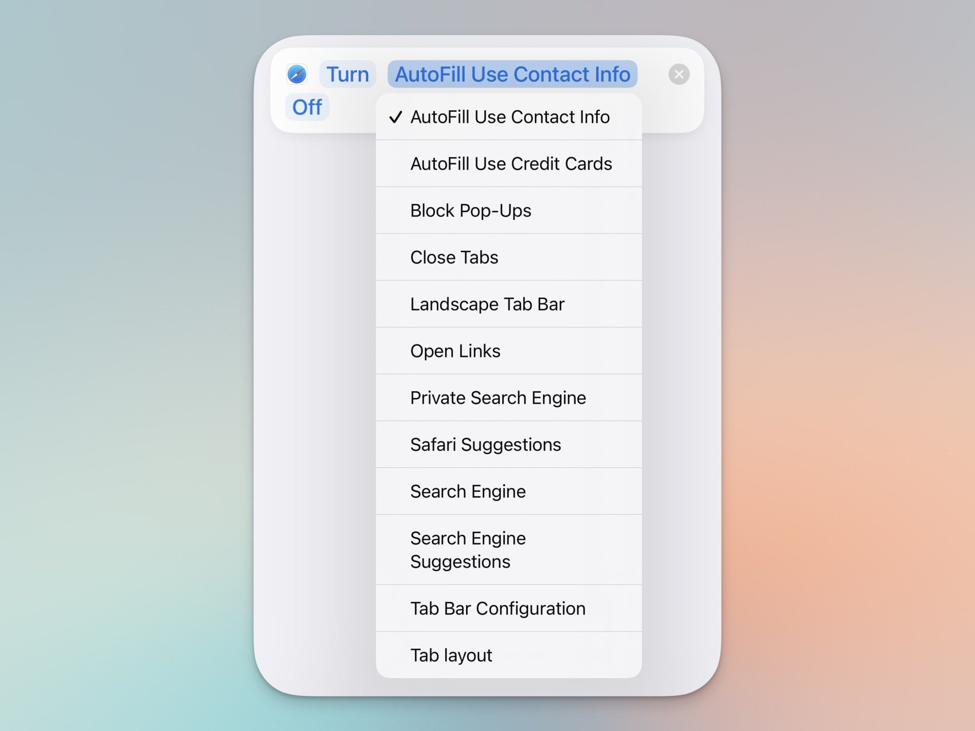 Toggling Safari Settings using Shortcuts.