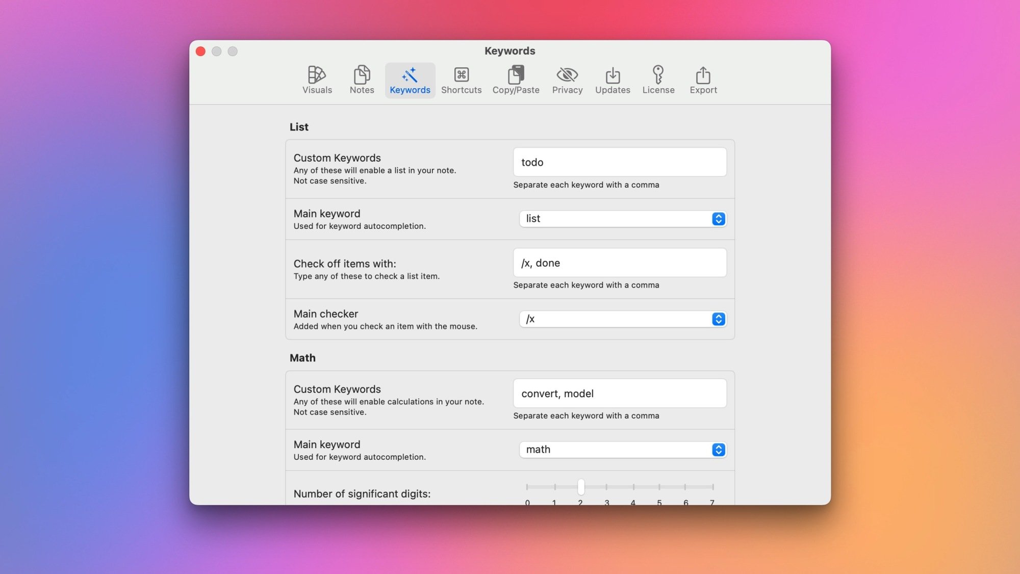 Antinote's keywords settings page.