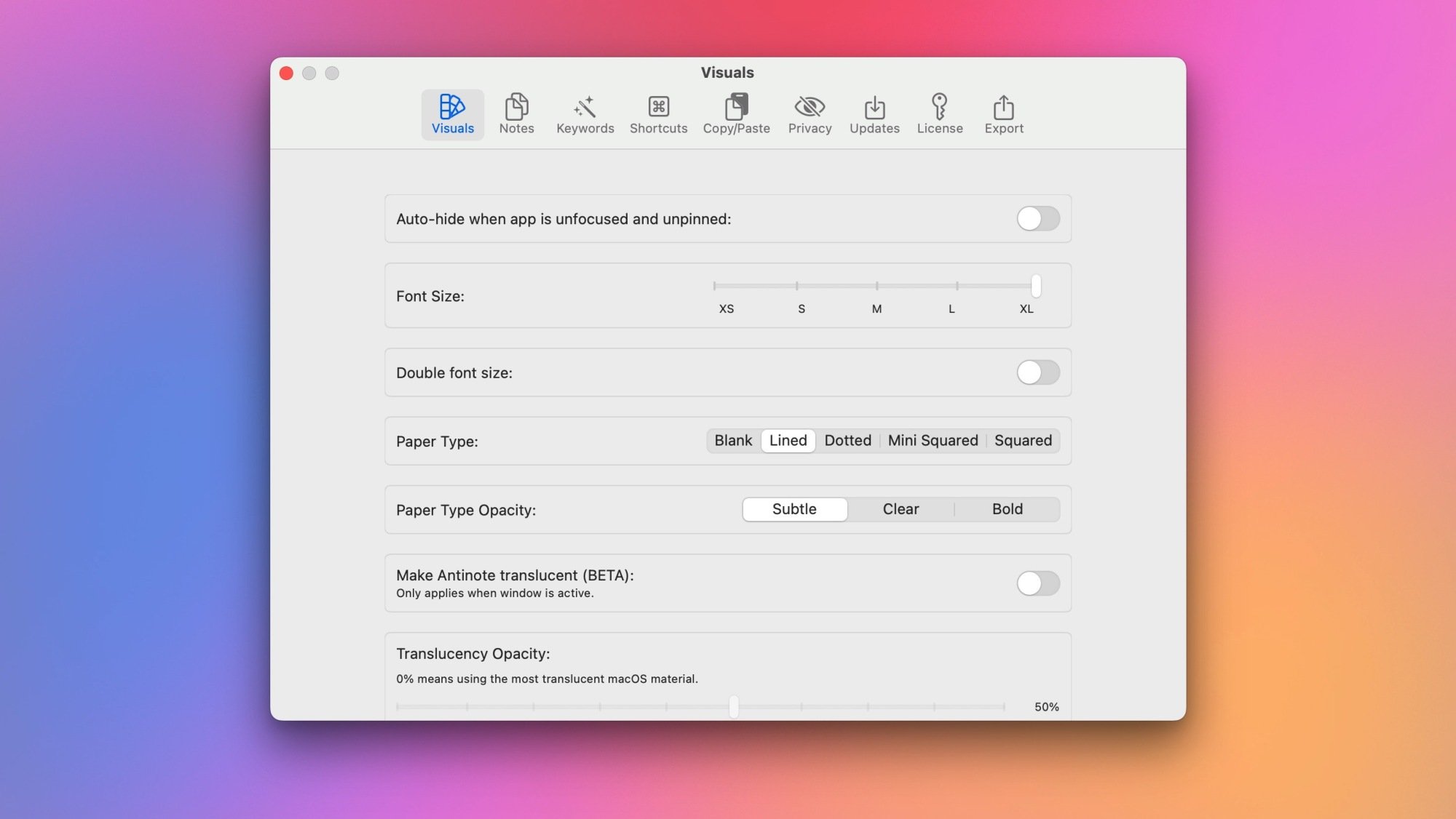 Setting the right font size for notes in Antinote for Mac.