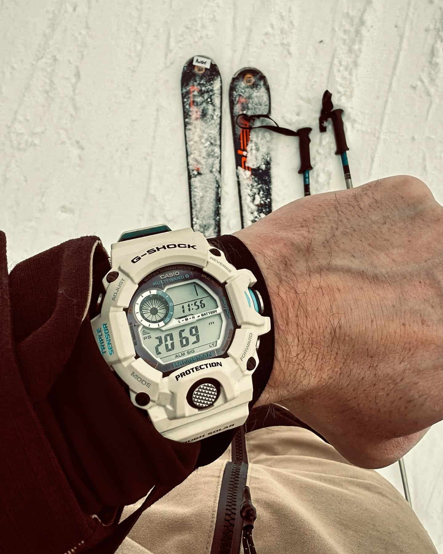 wearing the Gshock GW9408 while skiing