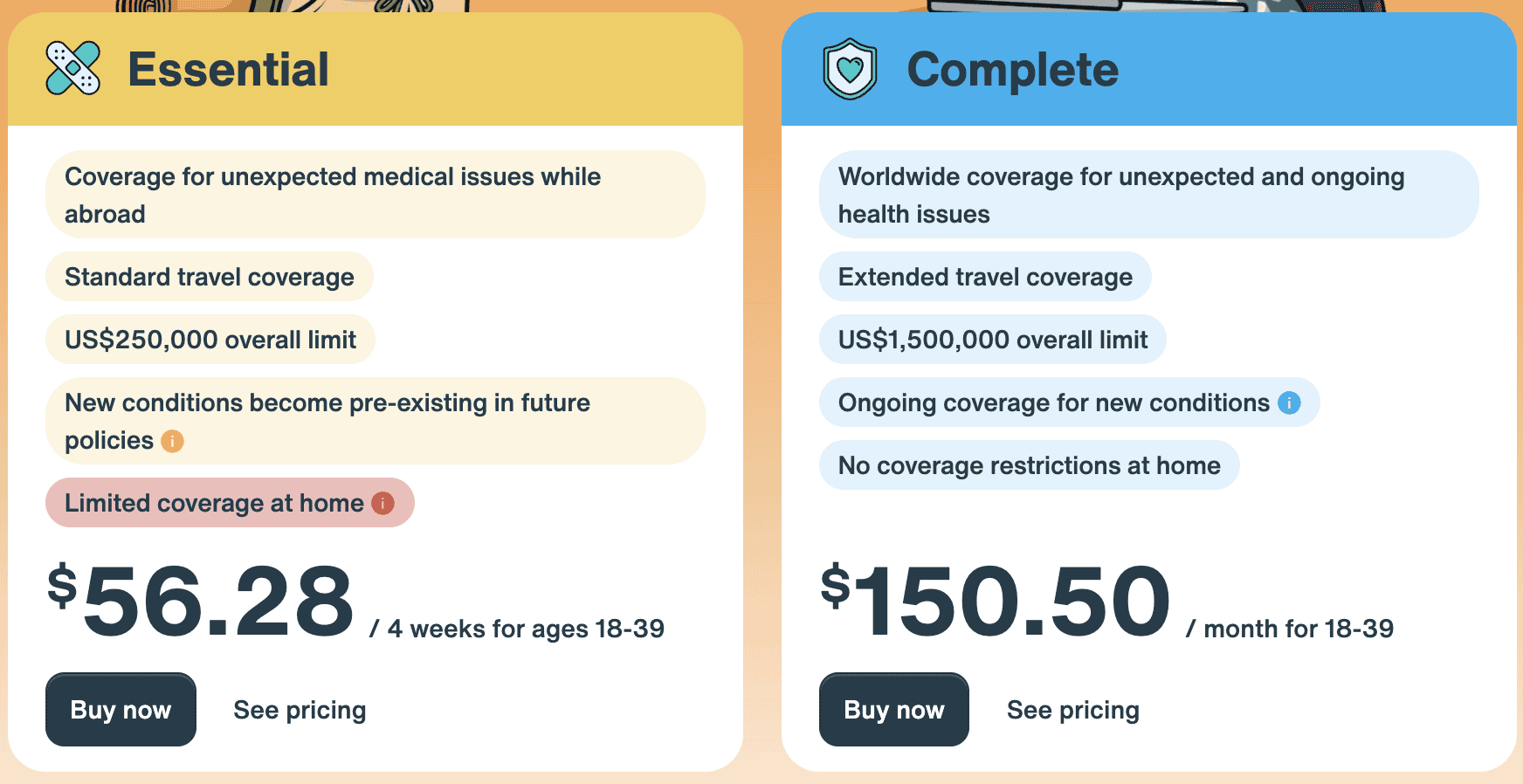The Complete plans and the Essential plan from SafetyWing