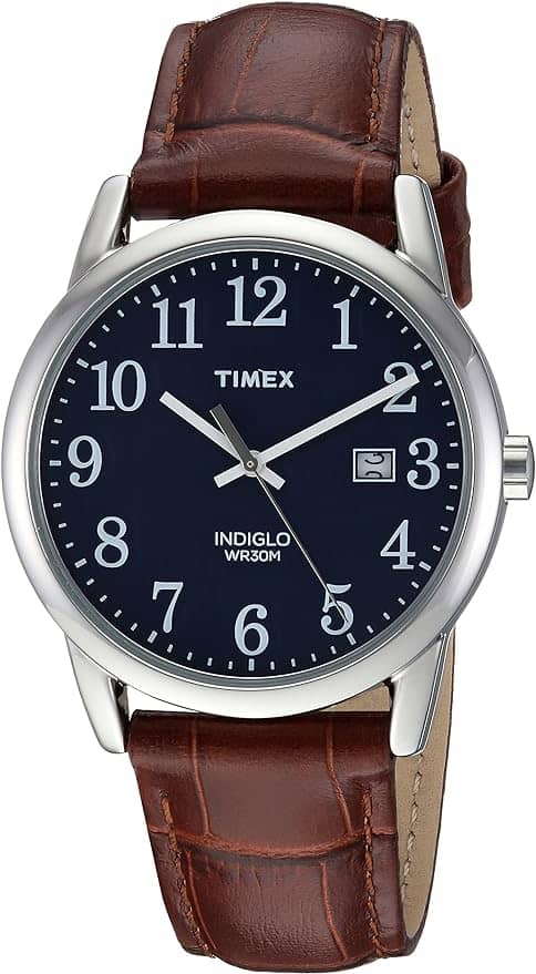 Timex Watch with a blue face and brown leather band