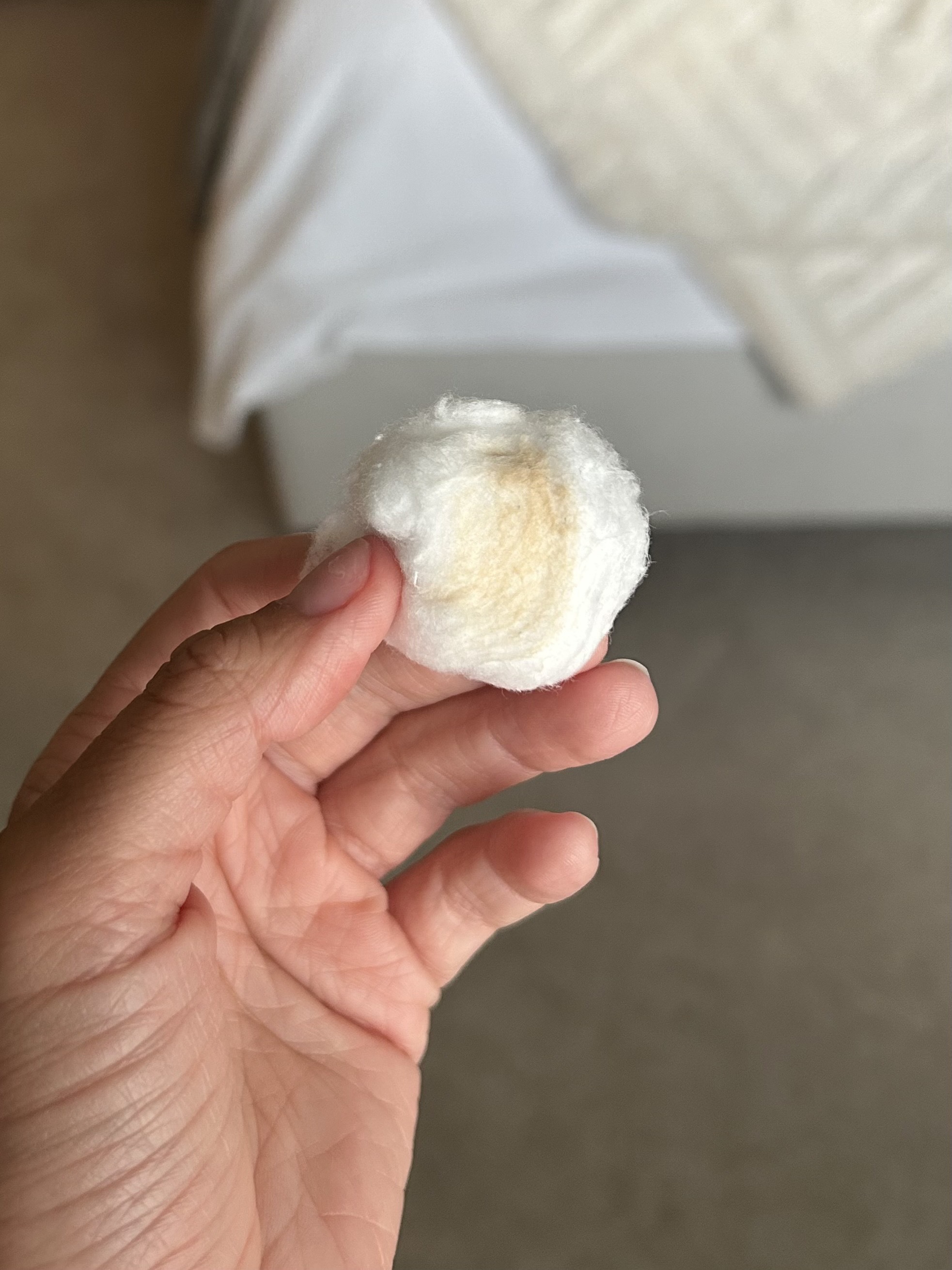 Alyssa Brascia's cotton ball after applying the PCA Skin Hydrating Toner on a no-makeup day.