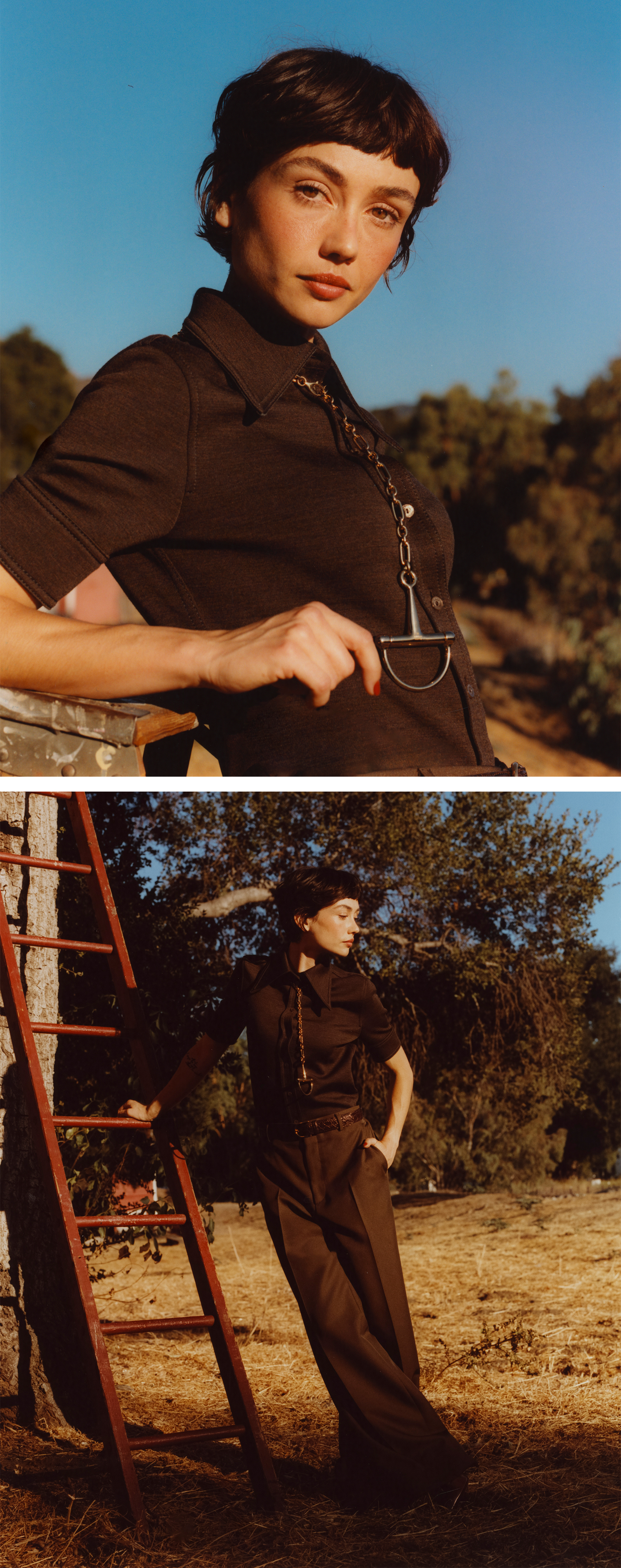 Top image: Sydney Chandler poses against a ladder wearing a brown Gucci polo shirt with Horsebit necklace. Bottom image: Sydney Chandler poses against a ladder wearing a brown Gucci polo shirt and trousers.