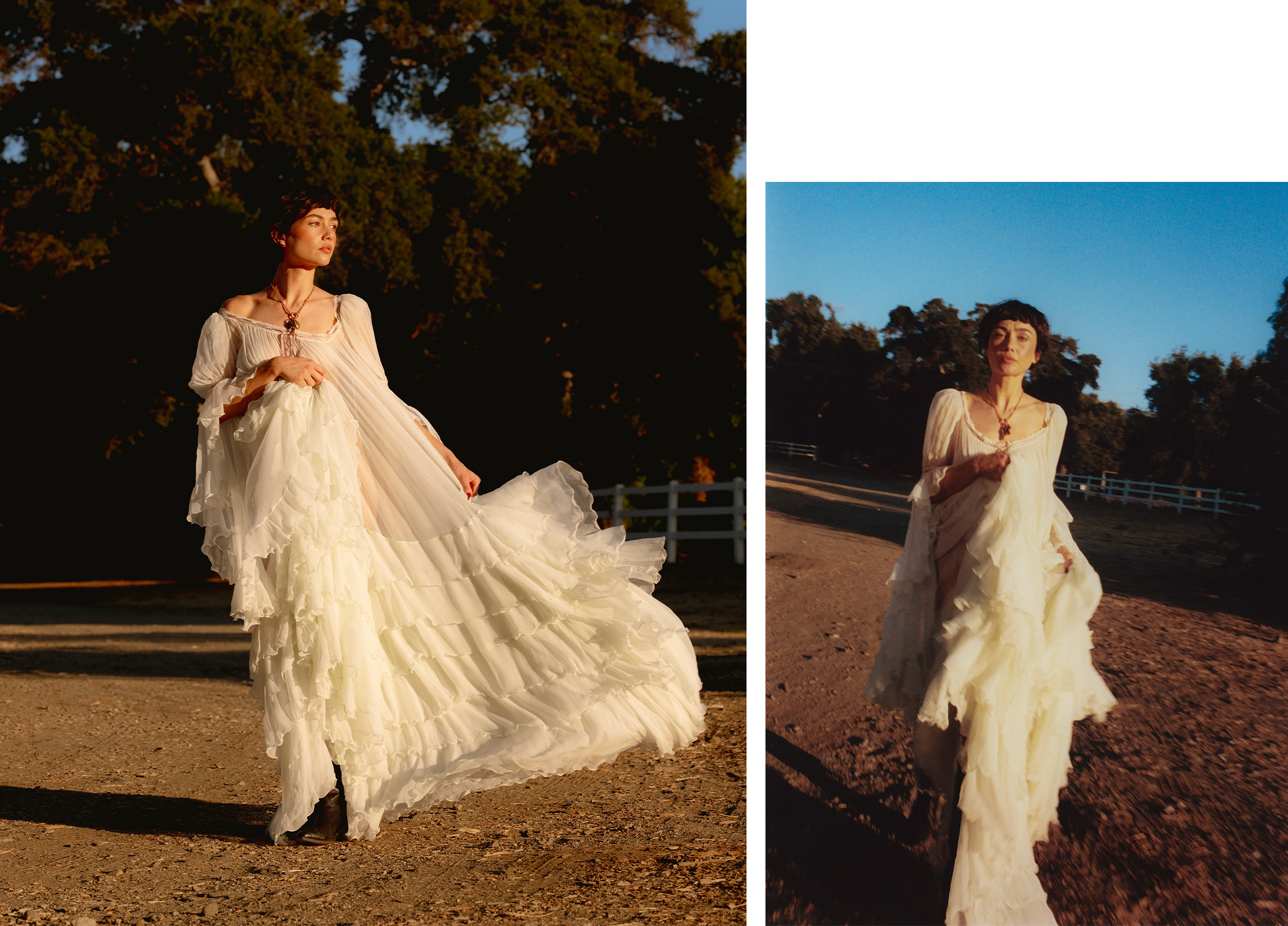 Left image: Sydney Chandler stands on a dirt road wearing a ruffled mint green Chloe dress blowing in the wind. Right image: Sydney Chandler runs toward the camera in a ruffled mint green Chloe dress.