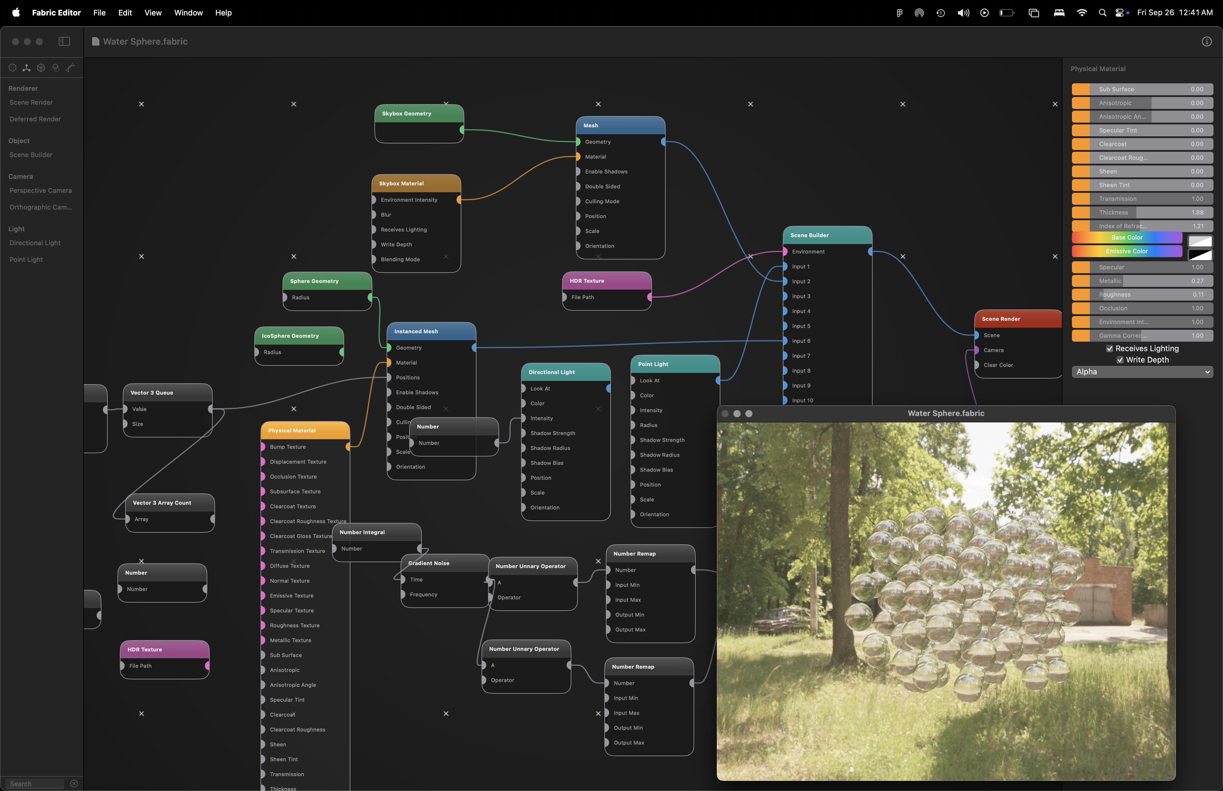 An early alpha of Satin rendering a instances of a sphere geometry, along with an HDRI environment and a PBR Shader at 120Hz