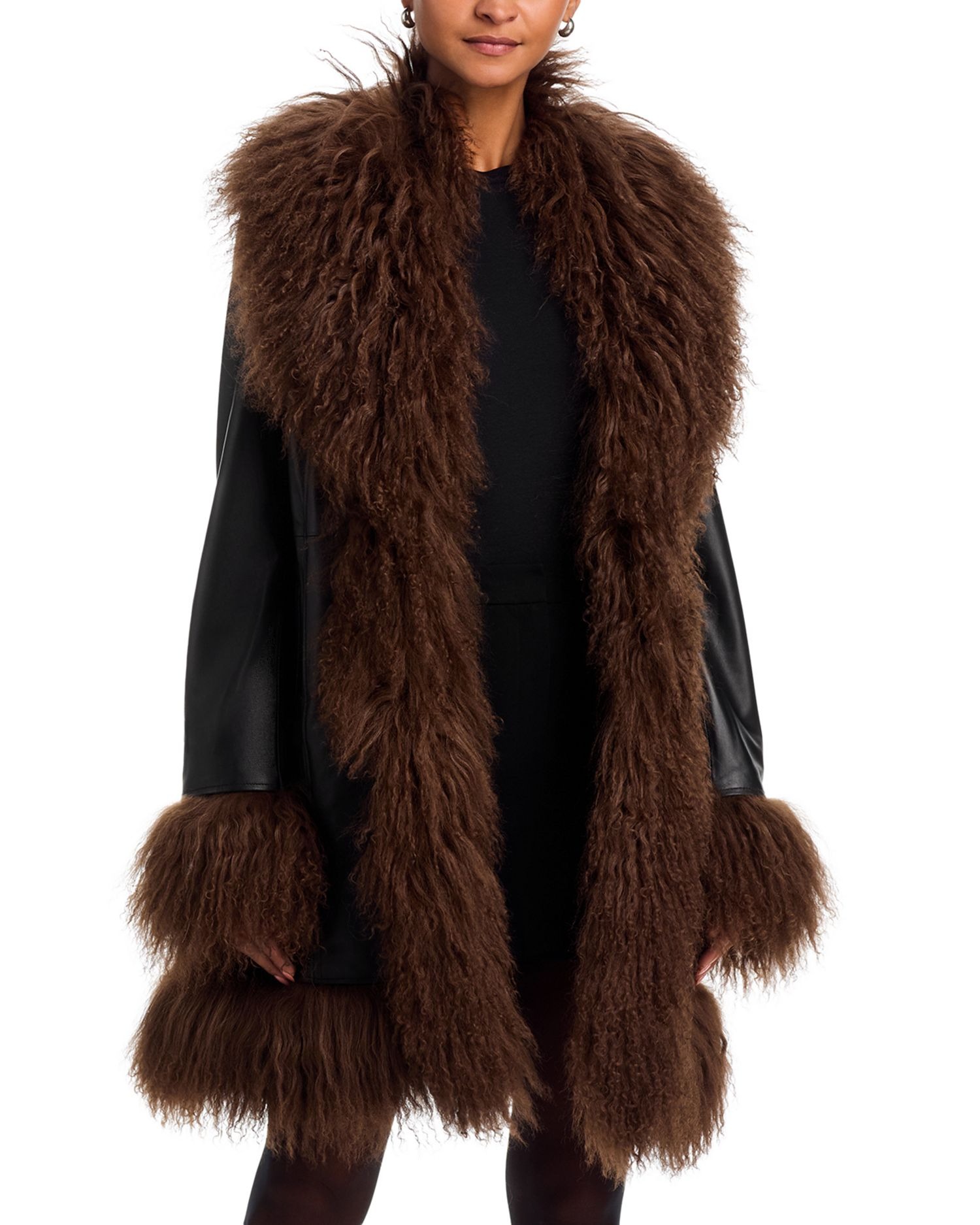 Dorothy Leather &amp; Shearling Trim Midi Coat