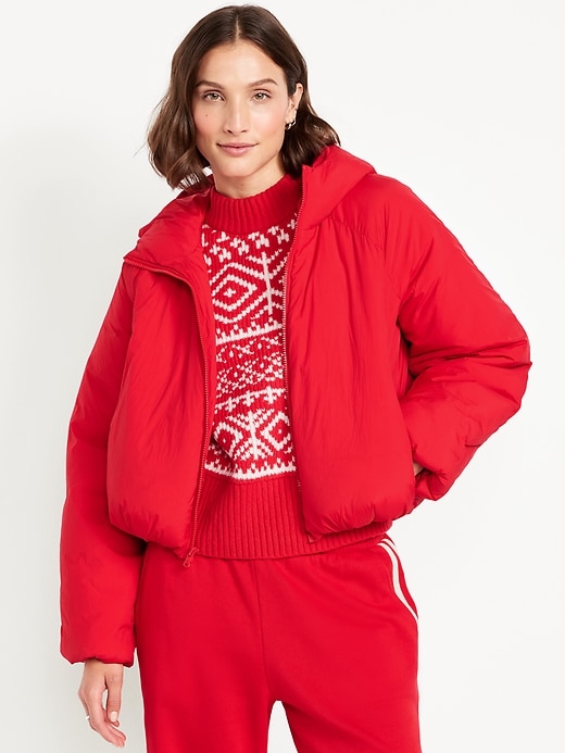 Water-Resistant Bubble-Hem Hooded Puffer Jacket