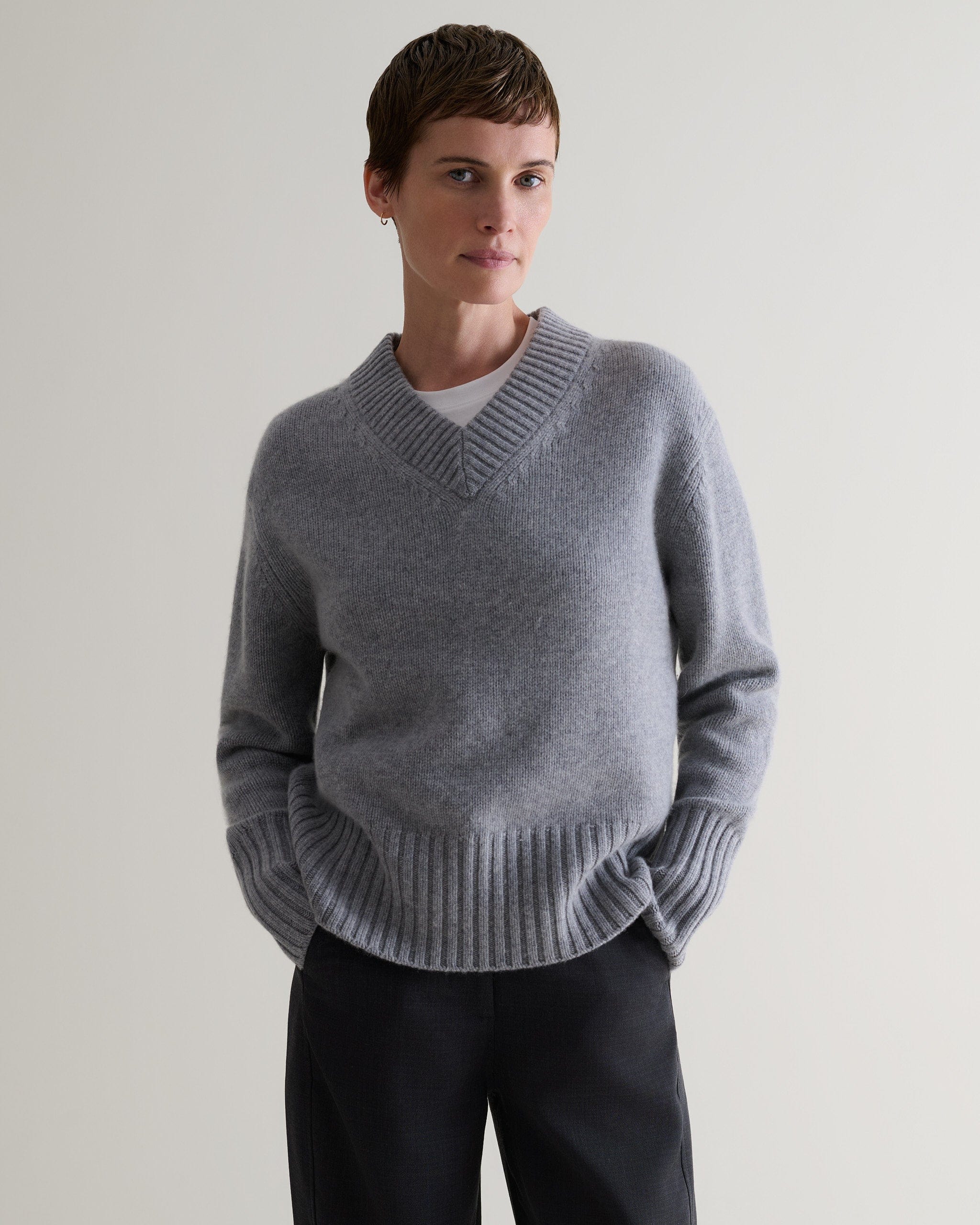 Medium Grey Cashmere Merino V Neck Jumper | Rise &amp; Fall